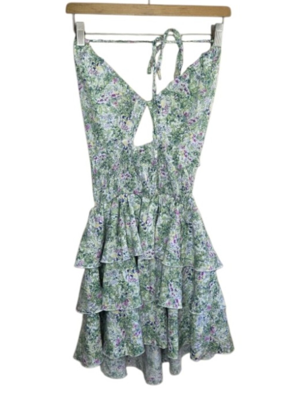Shein Green Purple Floral Tiered Halter Style Cutout Mini Dress Size Large
